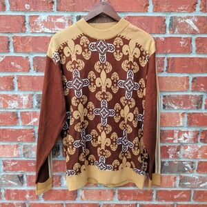 Royal Prestige Sweater Mens Large Brown Yellow Fleur-de-lis Cross Knit Pullover